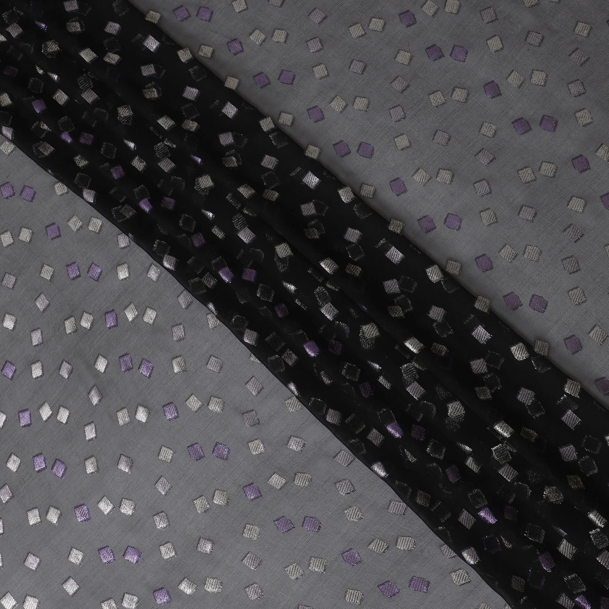 Black Premium pure French (Fransawi) silk chiffon fabric with purple and silver metallic lurex in geometric design-D16442