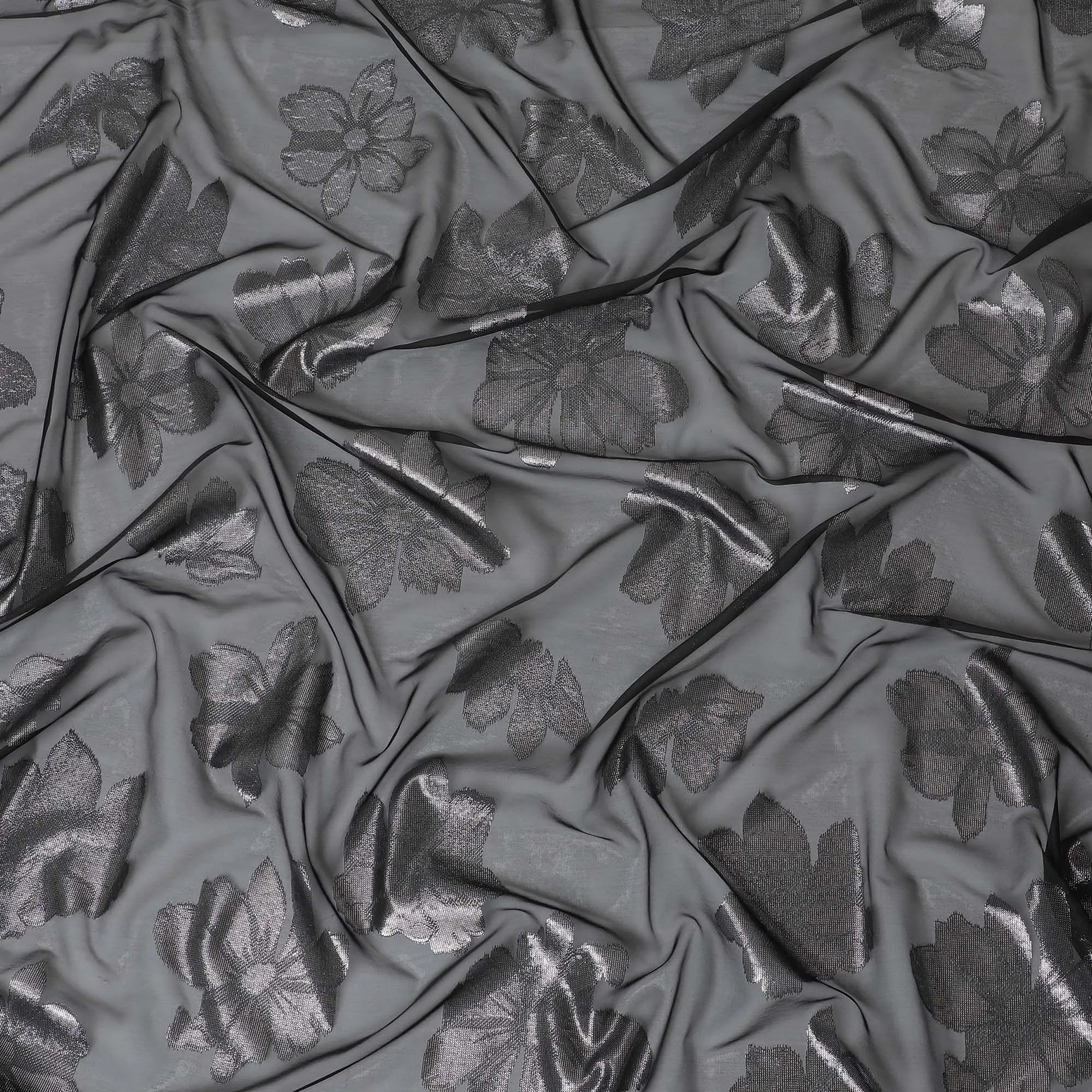 Black Premium pure Italian silk chiffon fabric with copper and silver metallic lurex in floral design-D10797