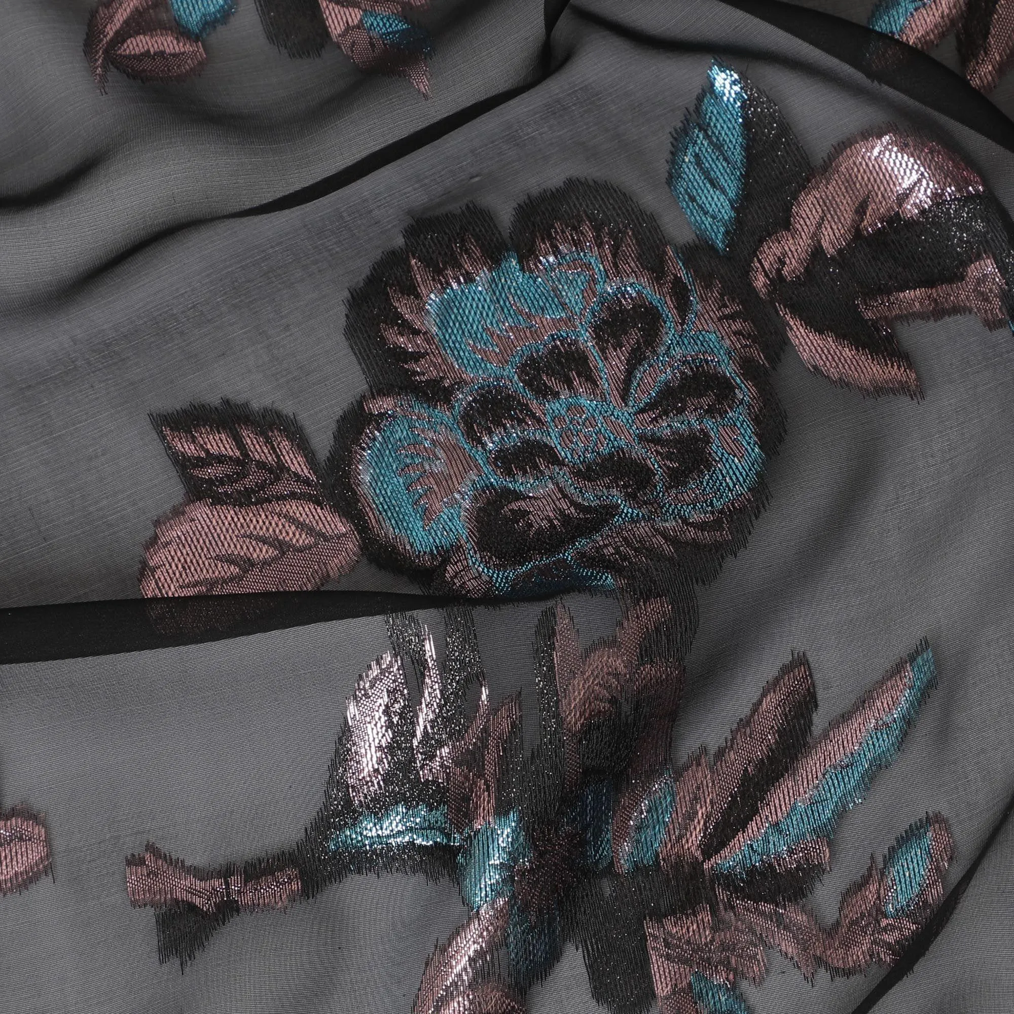 Black premium pure silk chiffon fabric with copper and blue metallic lurex in floral design-D13730