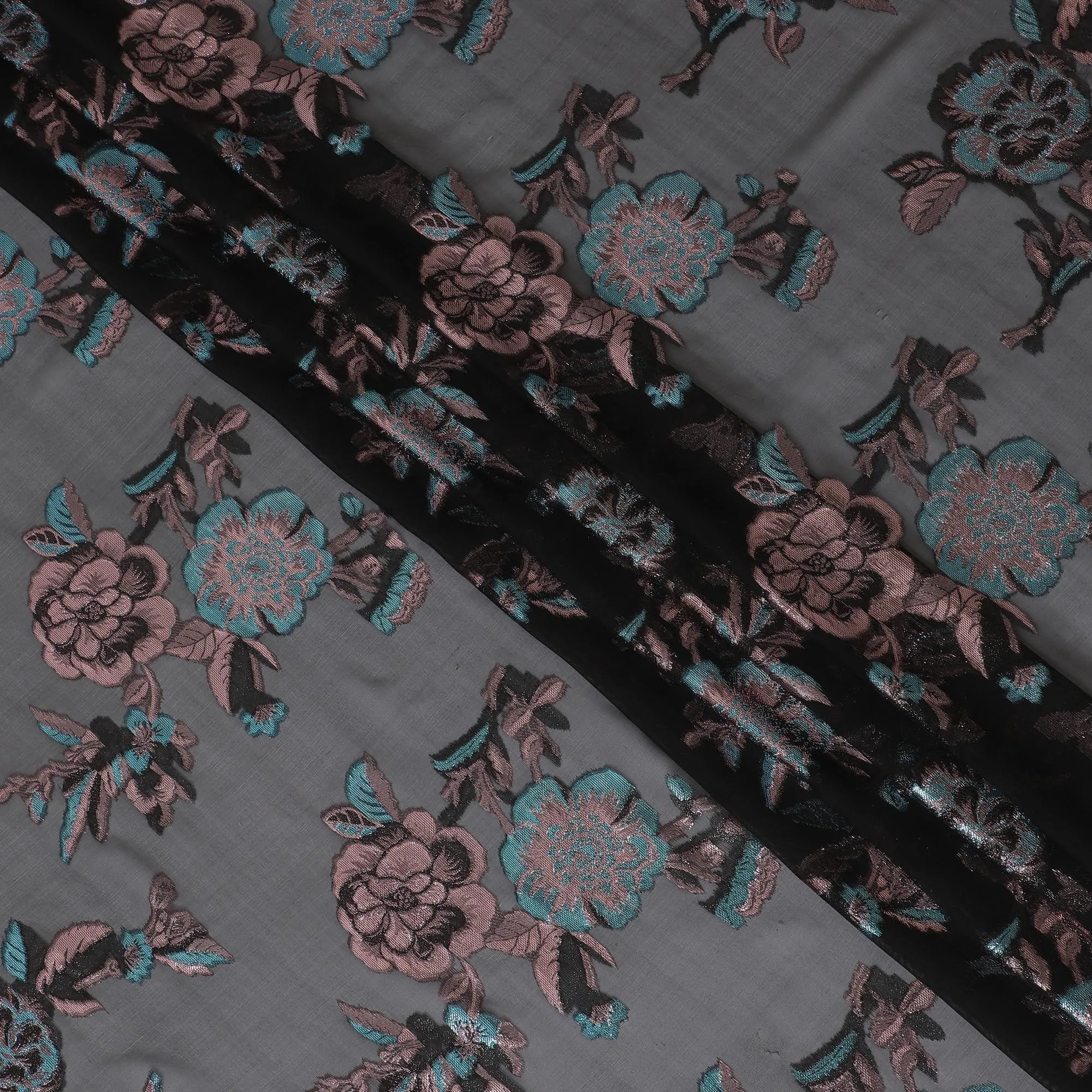 Black premium pure silk chiffon fabric with copper and blue metallic lurex in floral design-D13730