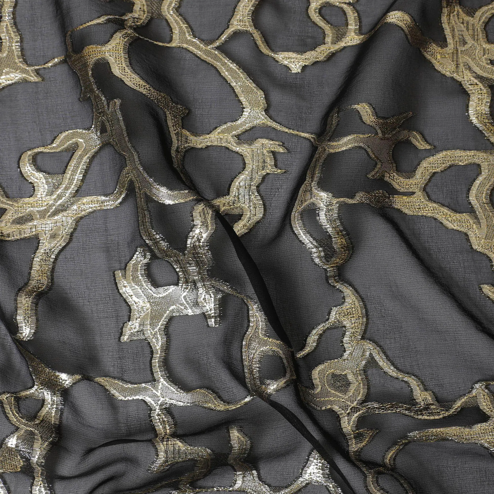 Black Premium pure silk chiffon fabric with gold metallic lurex in abstract design-D13190