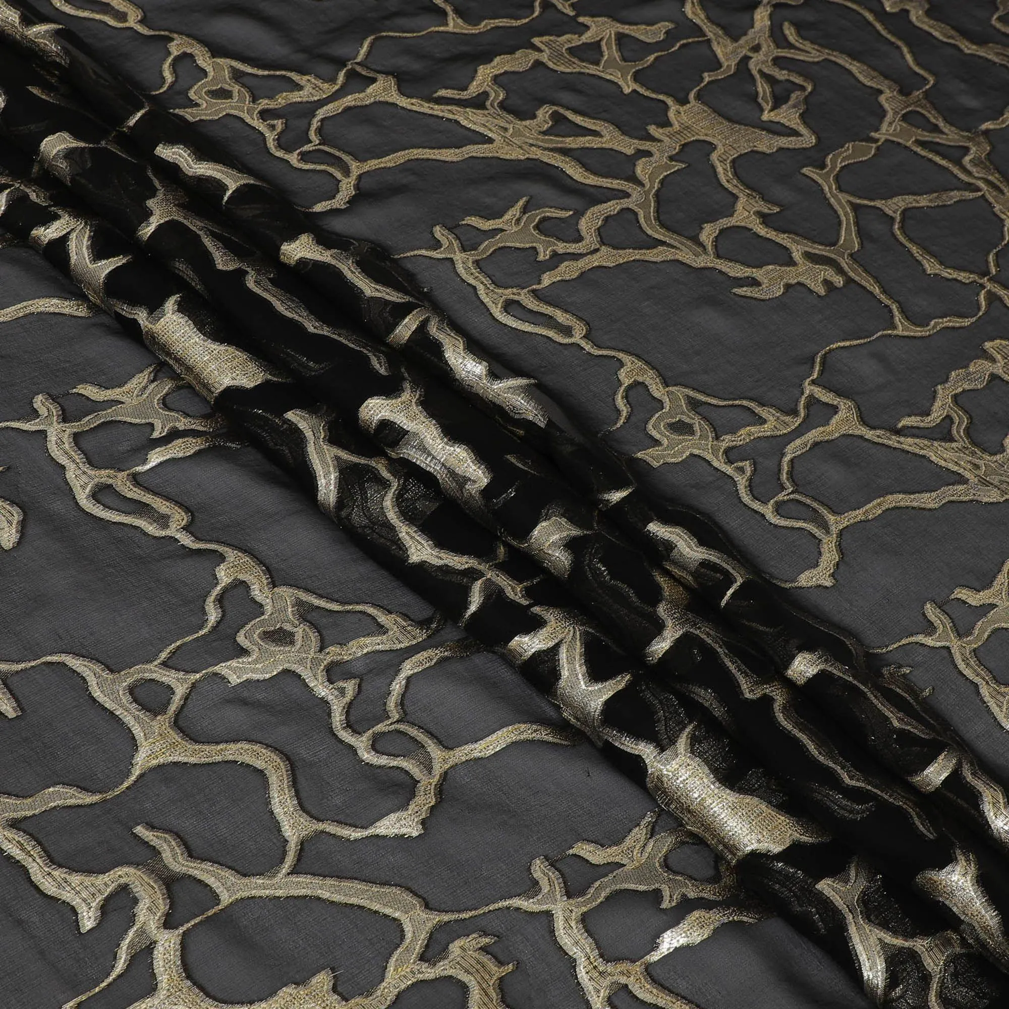 Black Premium pure silk chiffon fabric with gold metallic lurex in abstract design-D13190