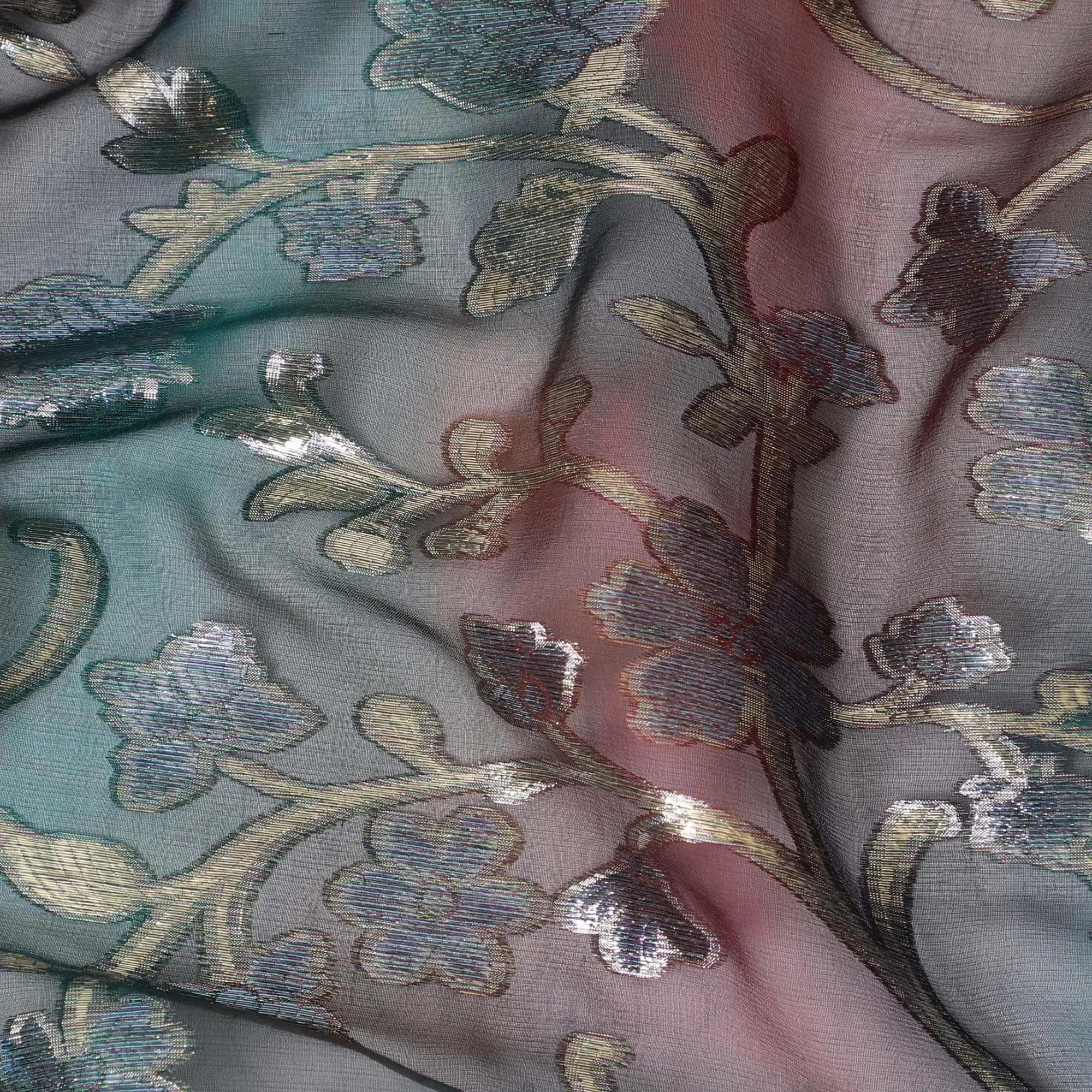 Black Premium pure silk chiffon fabric with gold metallic lurex in floral design-D12537