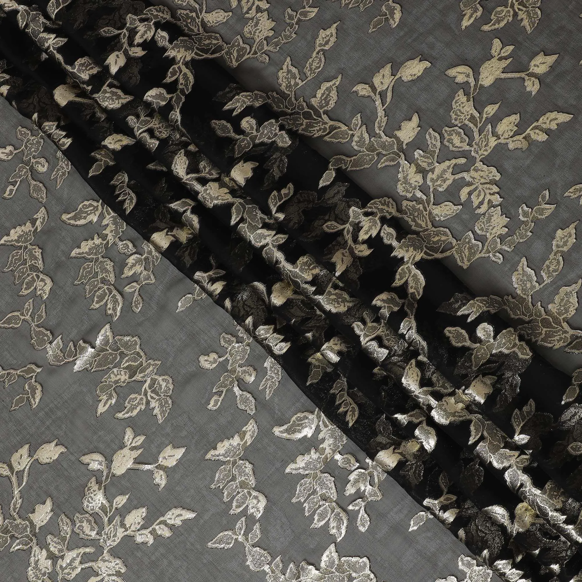 Black premium pure silk chiffon fabric with gold metallic lurex in Leaf design-D16255