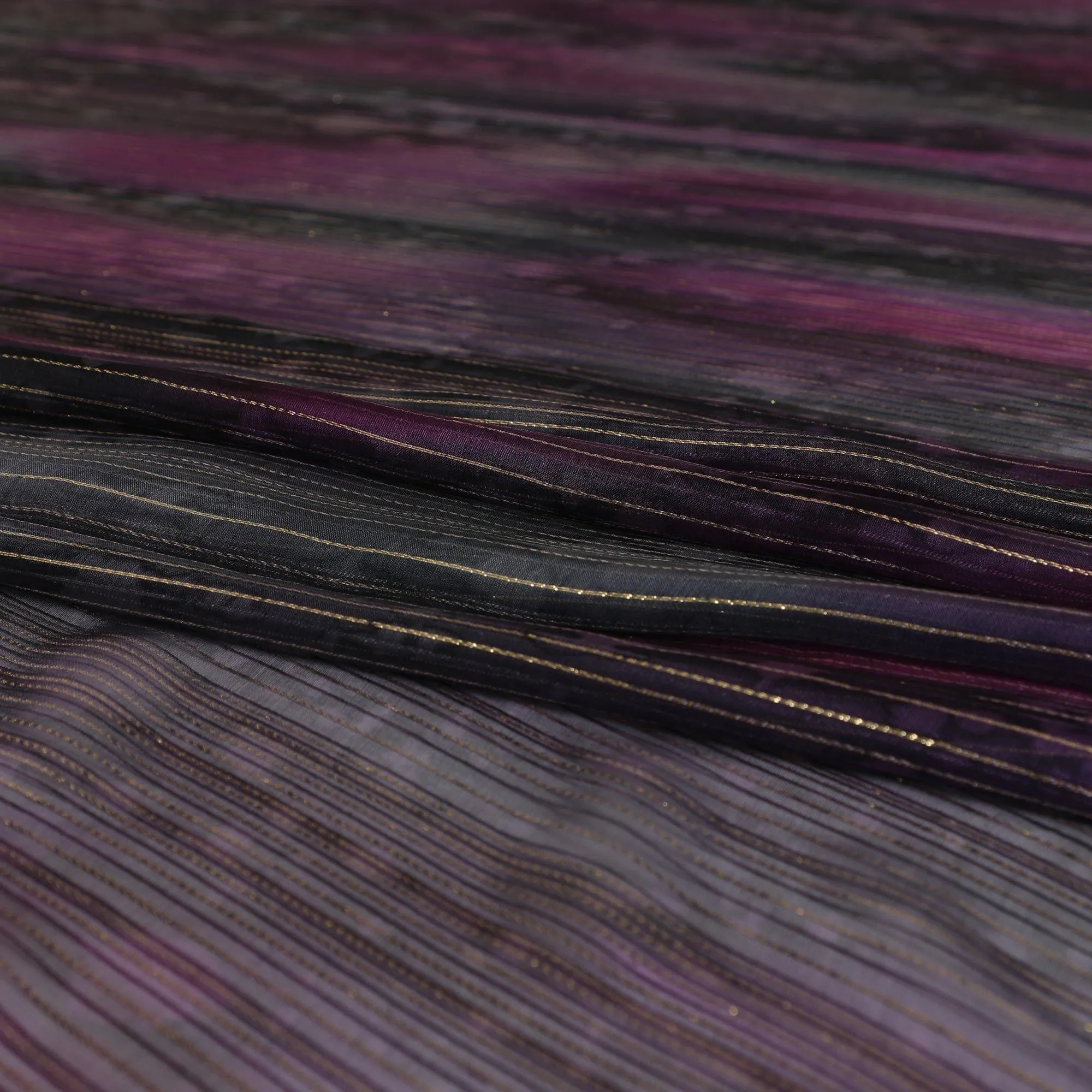 Black premium pure silk chiffon fabric with pink print having gold metallic lurex in stripe design-D9045