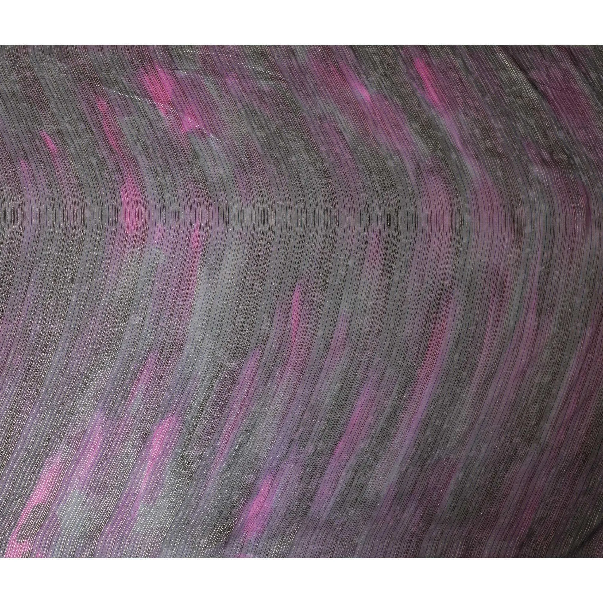 Black premium pure silk chiffon fabric with pink print having gold metallic lurex in stripe design-D9045