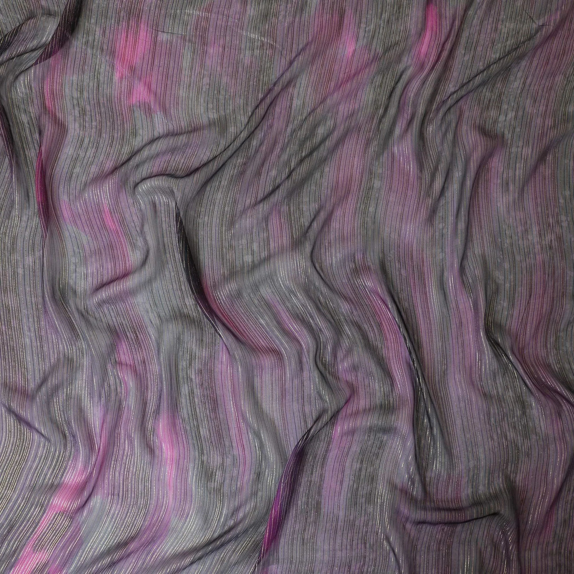 Black premium pure silk chiffon fabric with pink print having gold metallic lurex in stripe design-D9045