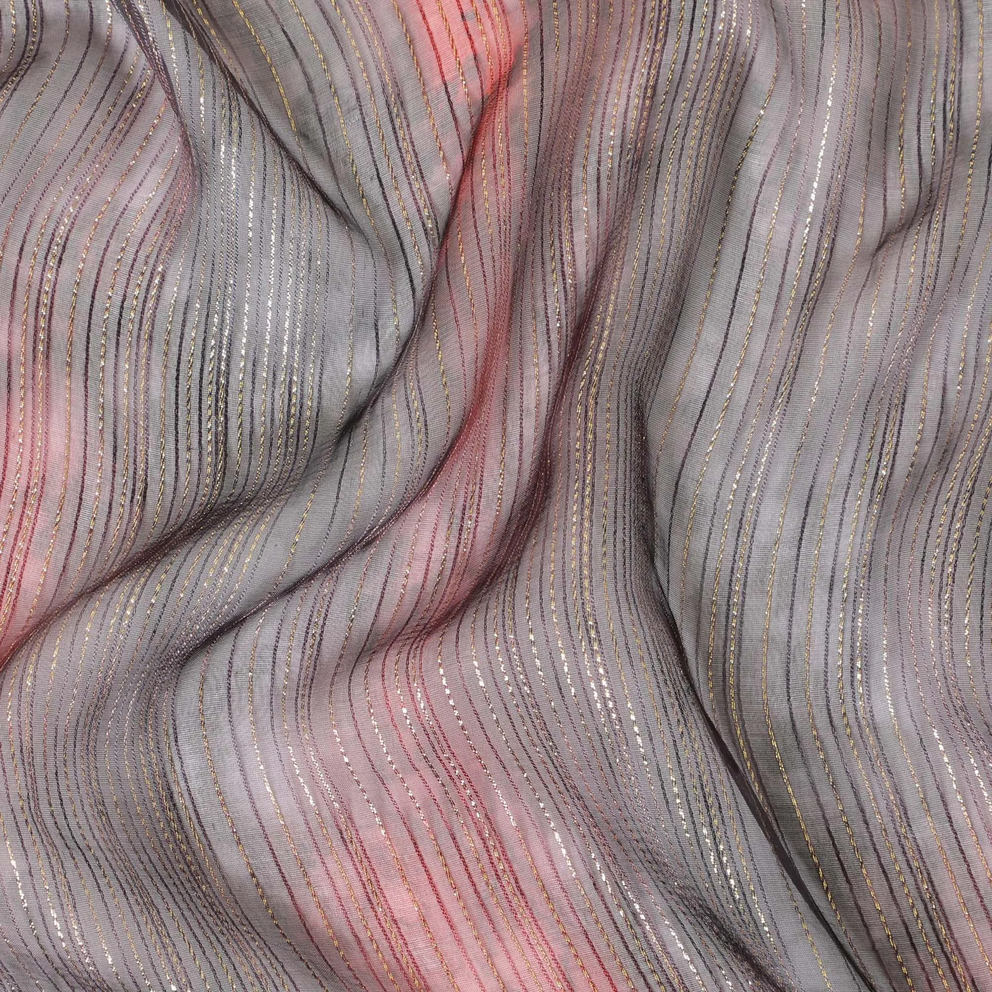 Black pure silk chiffon fabric with brick red print having gold metallic lurex in stripe design-D8974