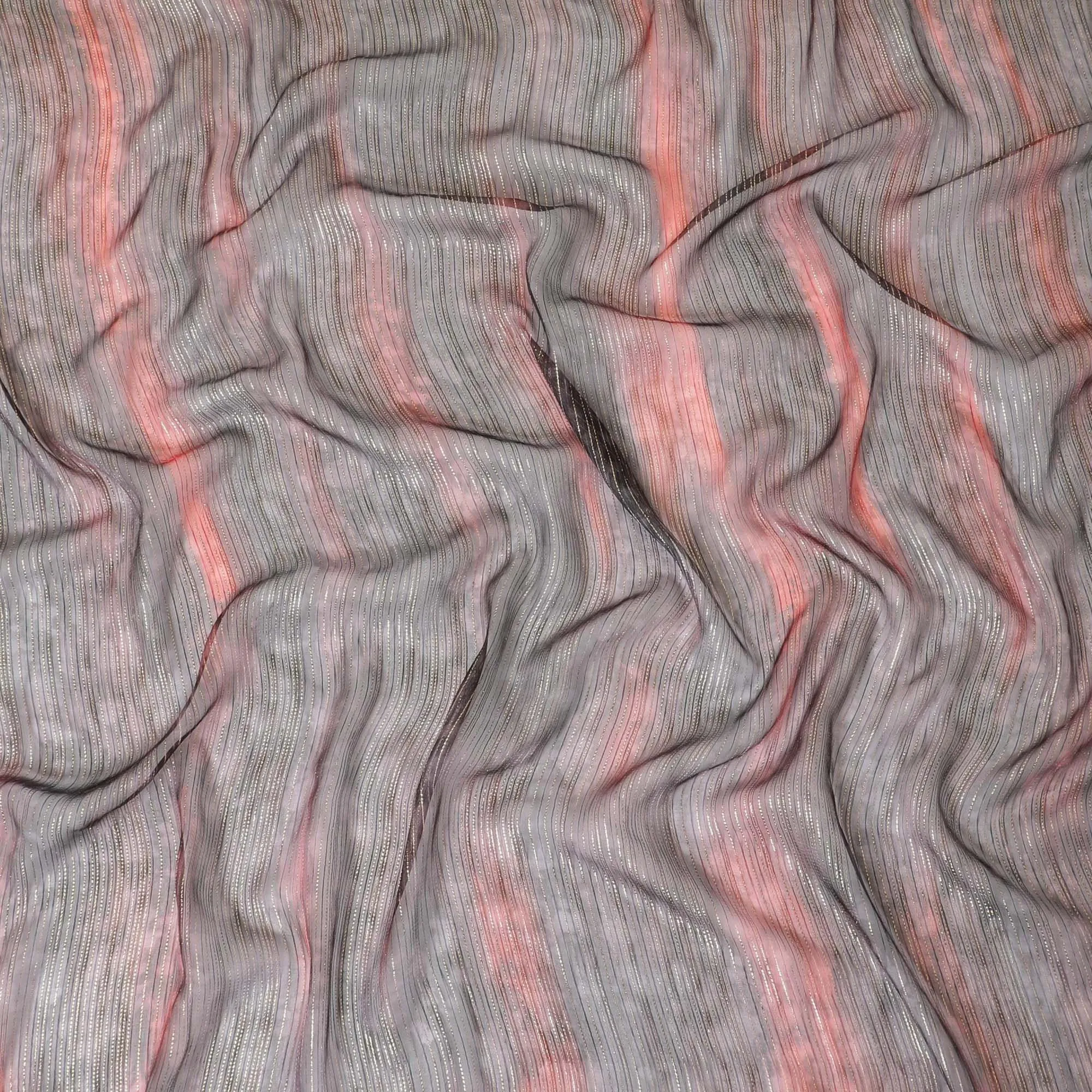 Black pure silk chiffon fabric with brick red print having gold metallic lurex in stripe design-D8974