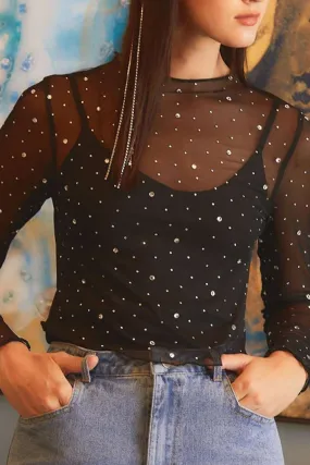 Black Rhinestone Mesh Mock Neck Top