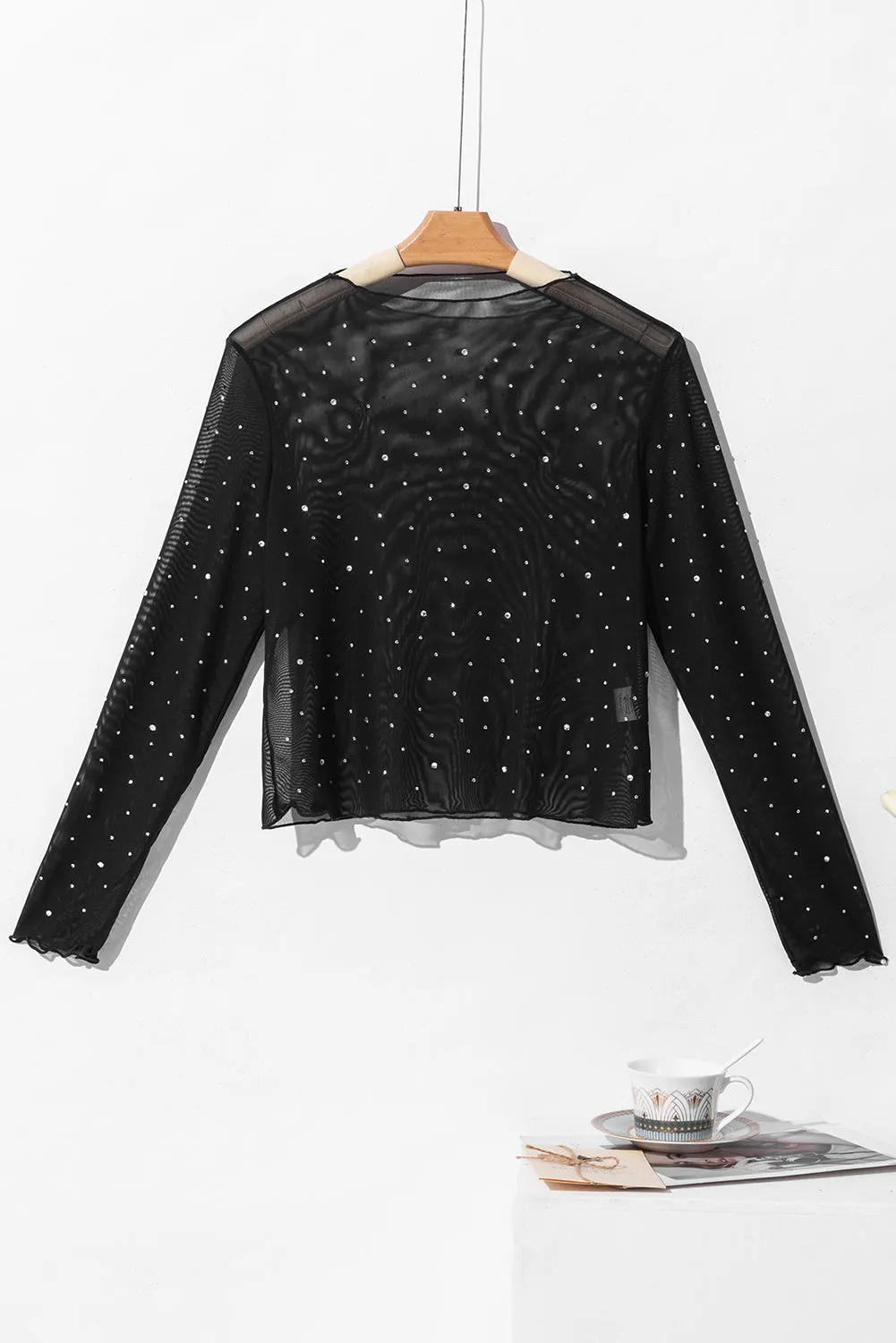 Black Rhinestone Mesh Mock Neck Top