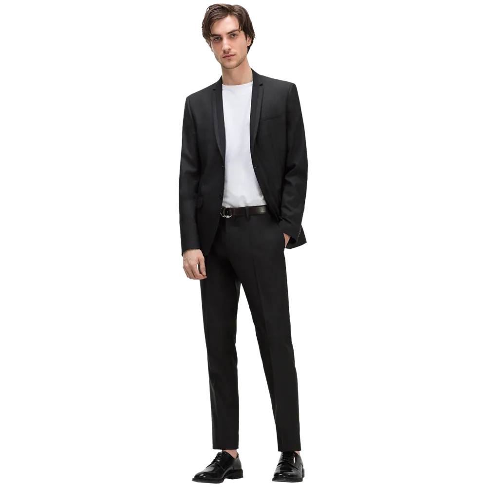 Black suit Slim fit Thin contrasting lapels Classic button fastening