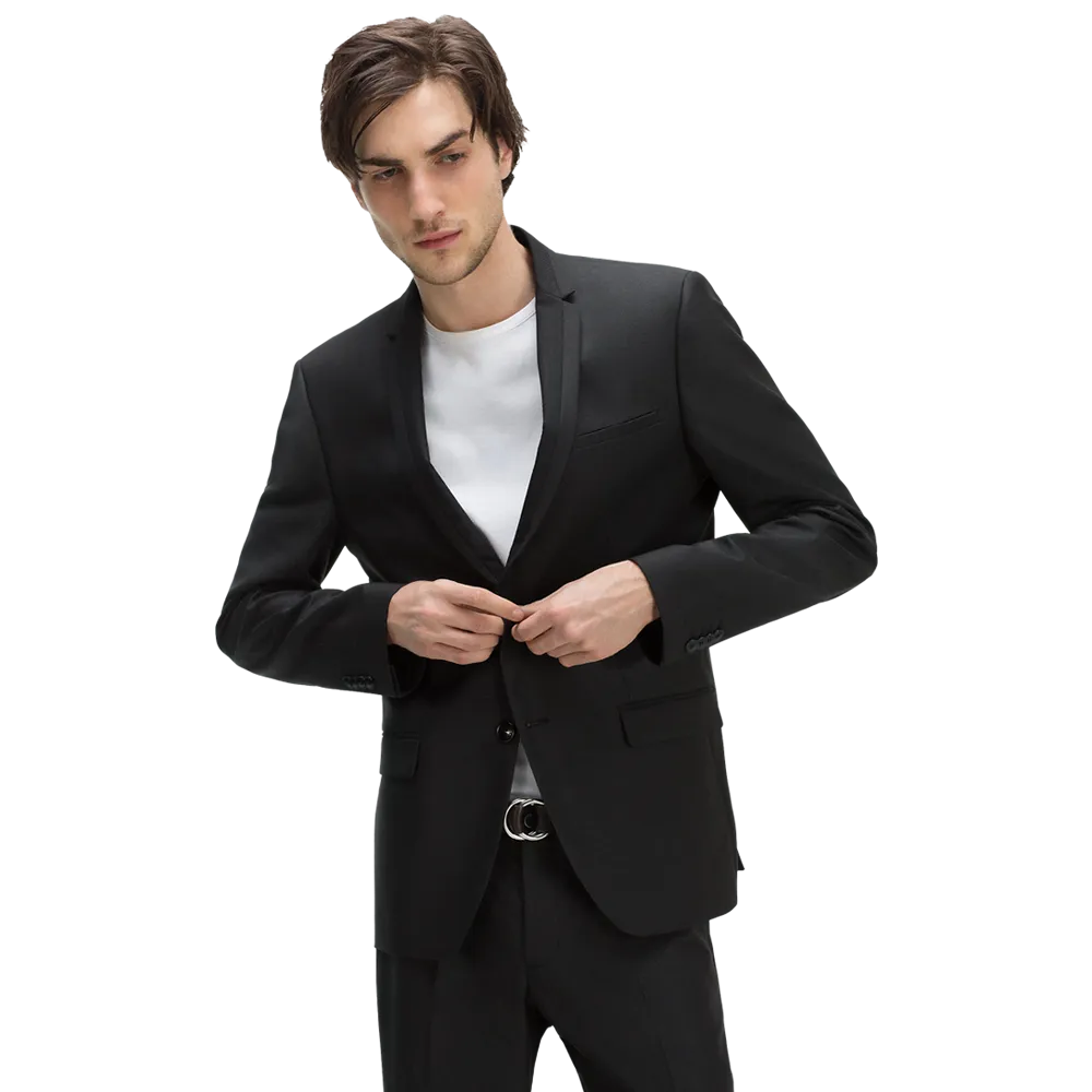 Black suit Slim fit Thin contrasting lapels Classic button fastening