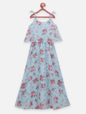 Blue Flower Print Cape Strappy Flared Long Dress