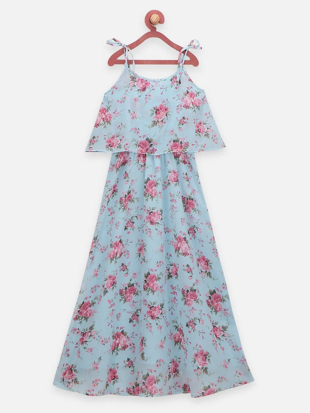 Blue Flower Print Cape Strappy Flared Long Dress