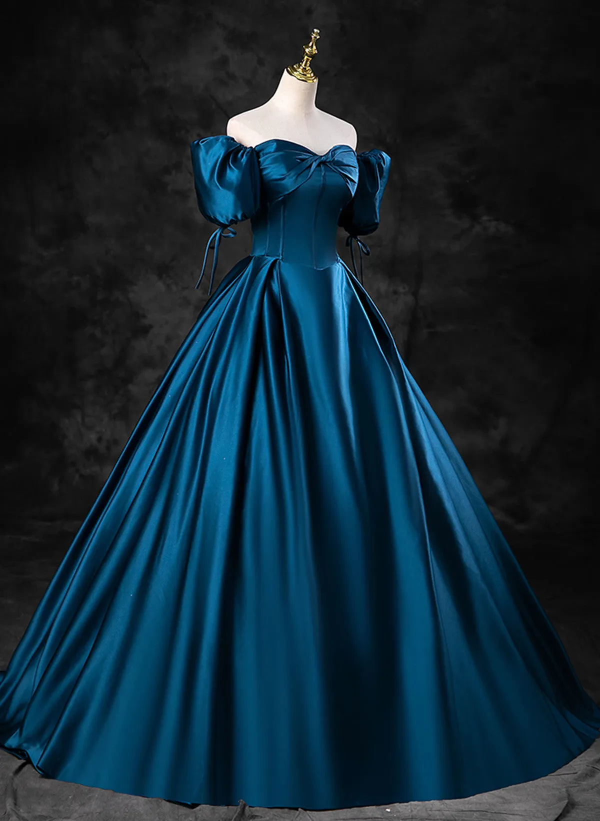 Blue Satin Short Sleeves Sweetheart Long Party Dress, Blue A-line Prom Dress Evening Dress