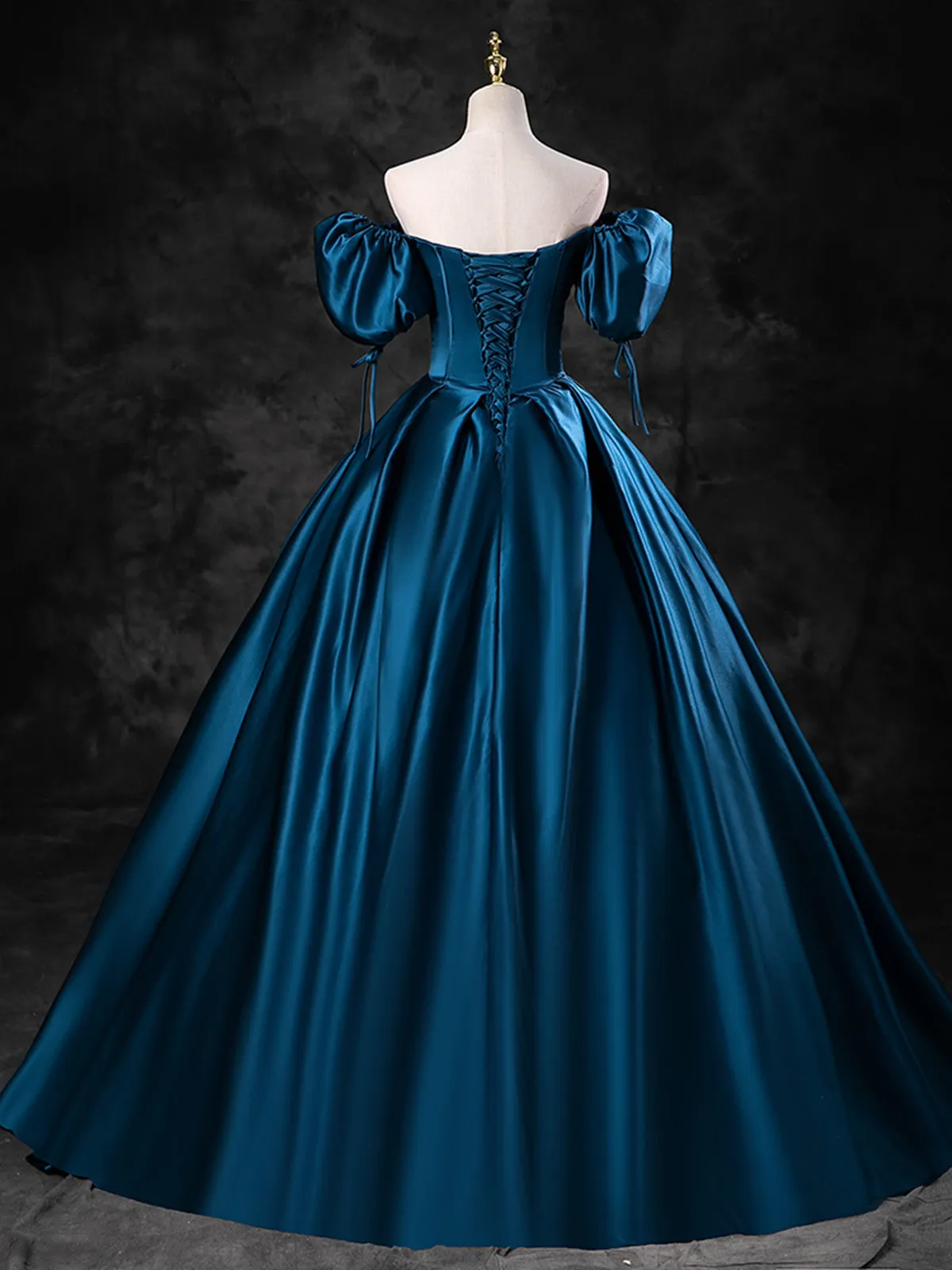 Blue Satin Short Sleeves Sweetheart Long Party Dress, Blue A-line Prom Dress Evening Dress