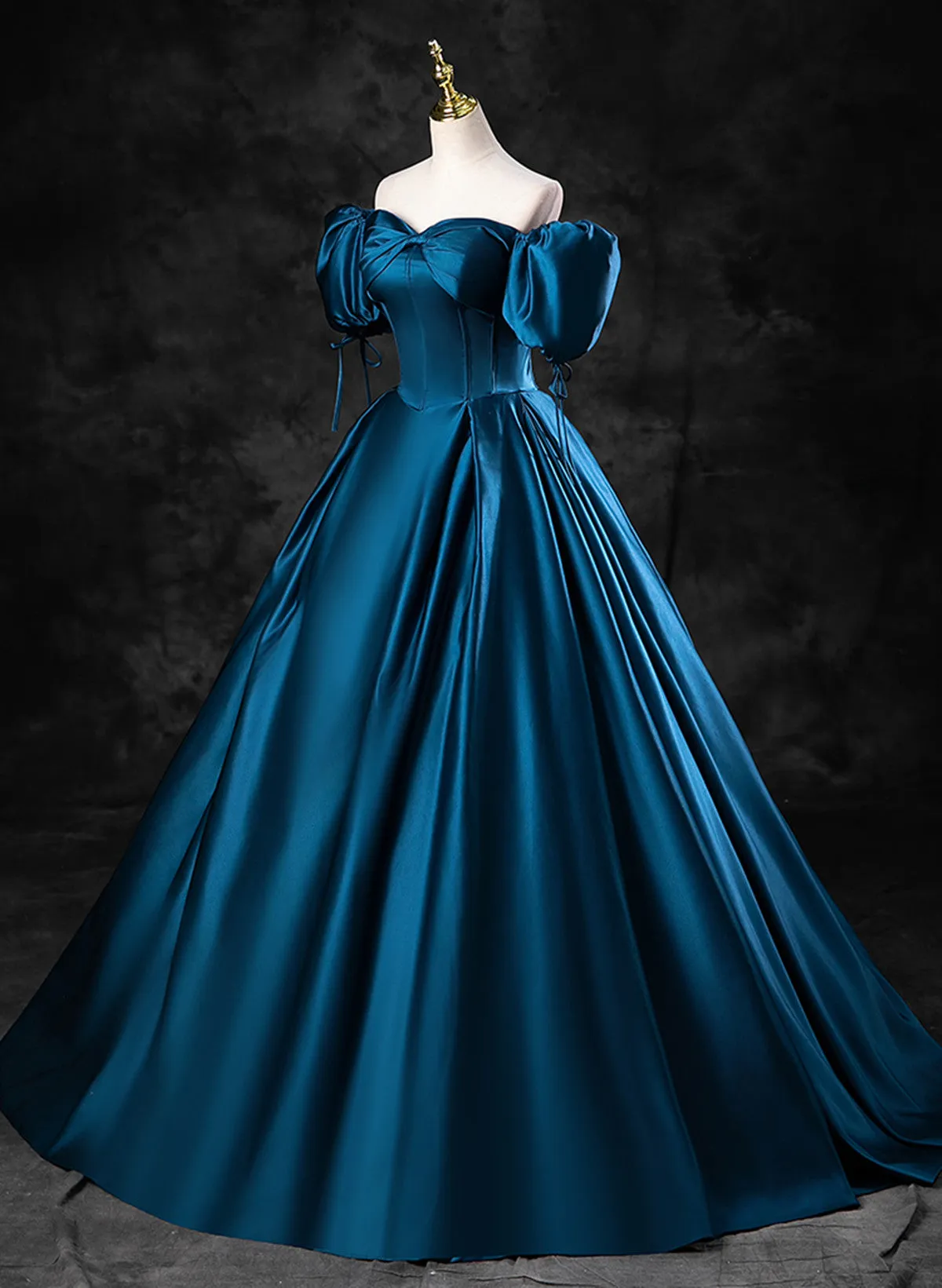 Blue Satin Short Sleeves Sweetheart Long Party Dress, Blue A-line Prom Dress Evening Dress