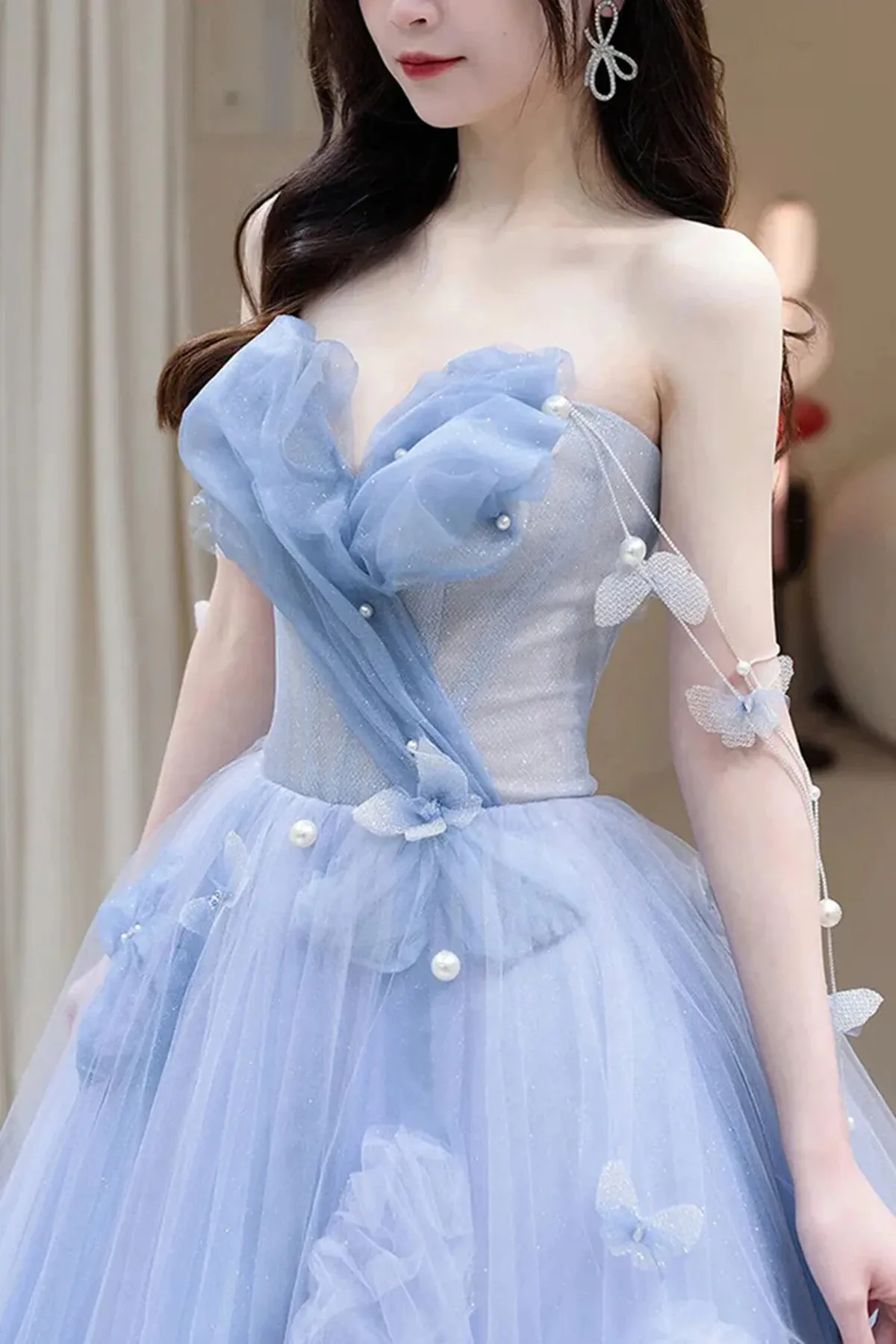 Blue Tulle A-line Long Prom Dress, Sweetheart Blue Beaded Party Dress