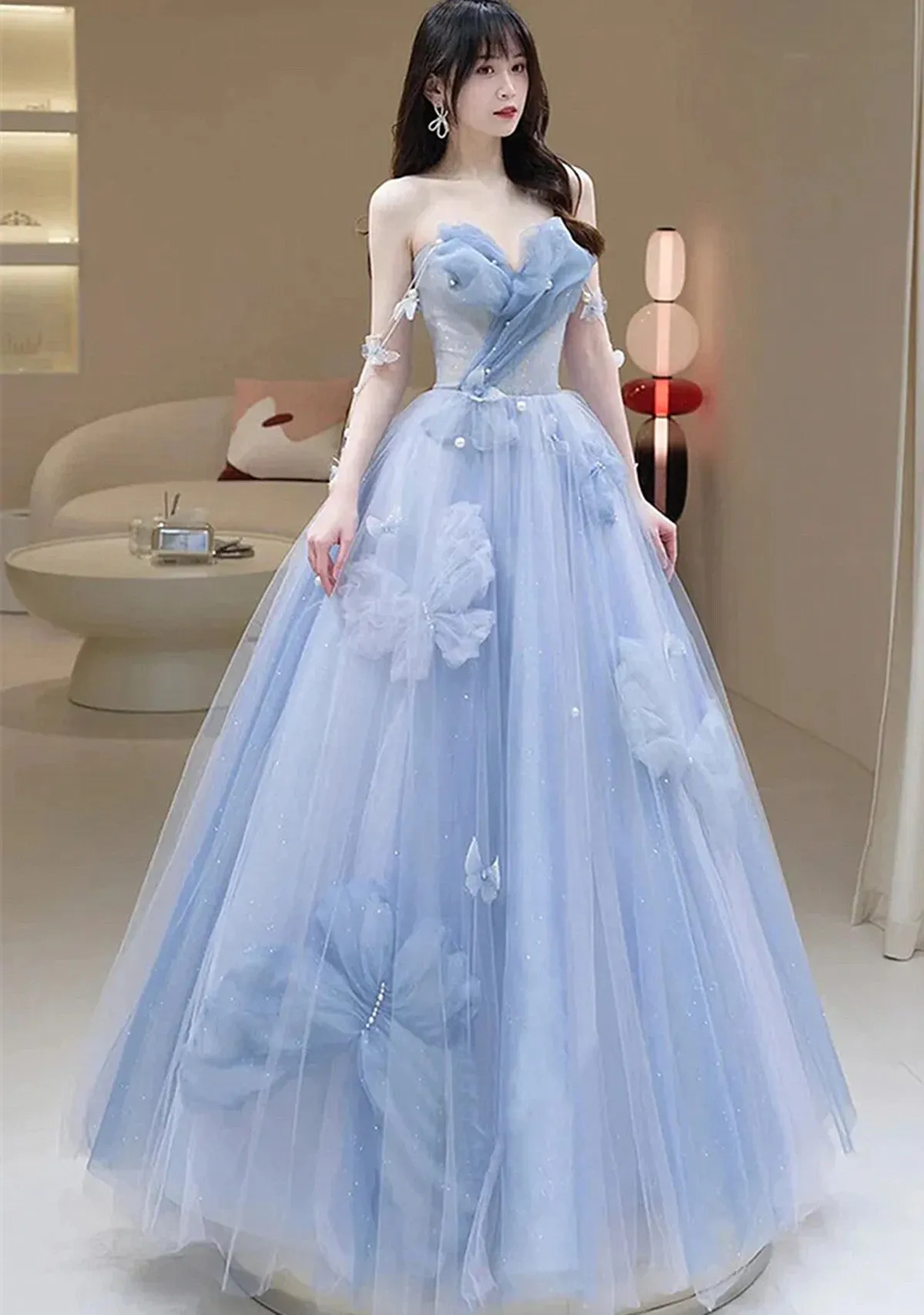 Blue Tulle A-line Long Prom Dress, Sweetheart Blue Beaded Party Dress