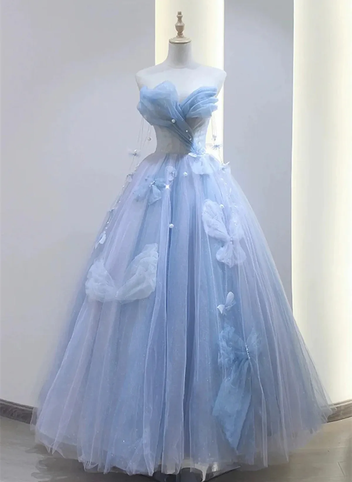 Blue Tulle A-line Long Prom Dress, Sweetheart Blue Beaded Party Dress