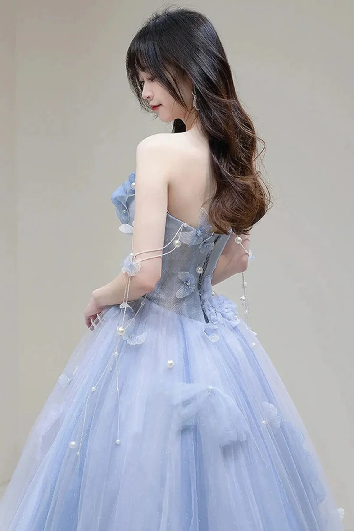 Blue Tulle A-line Long Prom Dress, Sweetheart Blue Beaded Party Dress