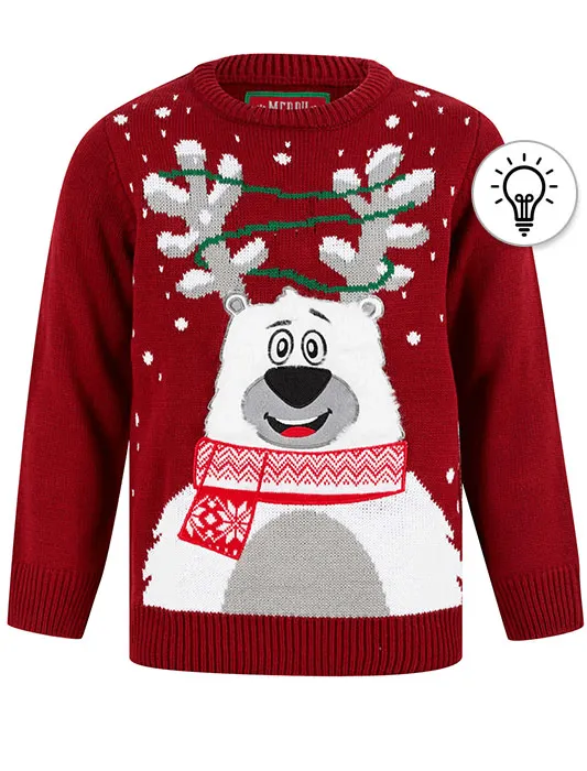 Boy's Happy Polar Bear LED Light Up Novelty Christmas Jumper in Red - Merry Christmas Kids (4-12yrs)