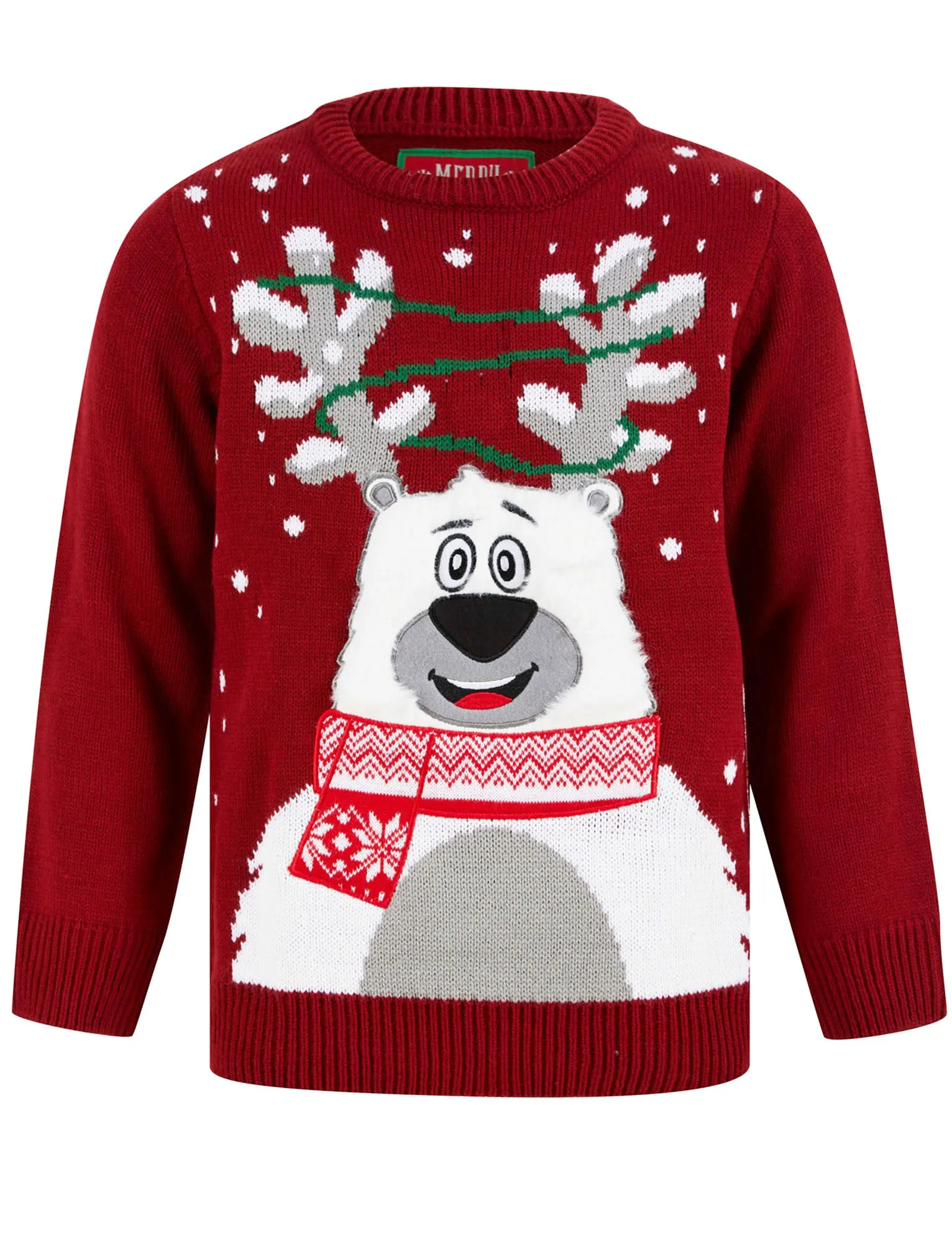 Boy's Happy Polar Bear LED Light Up Novelty Christmas Jumper in Red - Merry Christmas Kids (4-12yrs)