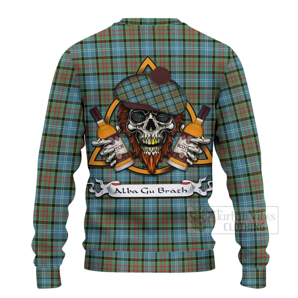 Brisbane Tartan Ugly Sweater with Family Crest and Bearded Skull Holding Bottles of Whiskey