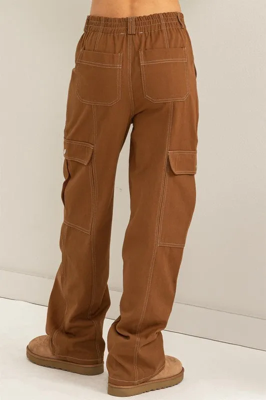 Brown Contrast Stitch Twill Cargo Pants