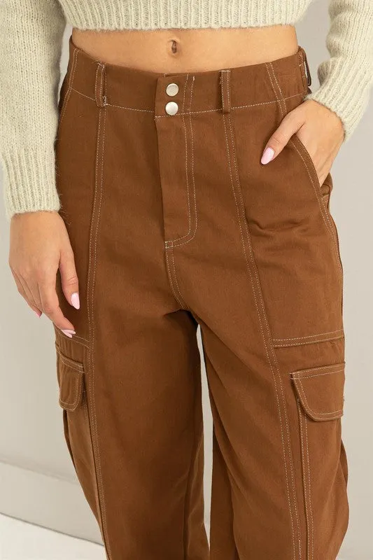 Brown Contrast Stitch Twill Cargo Pants