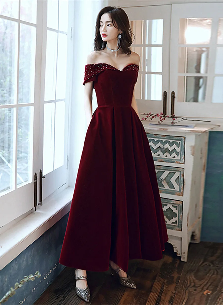 Burgundy Velvet Off Shoulder Long Wedding Party Dress, Burgundy Prom Dress