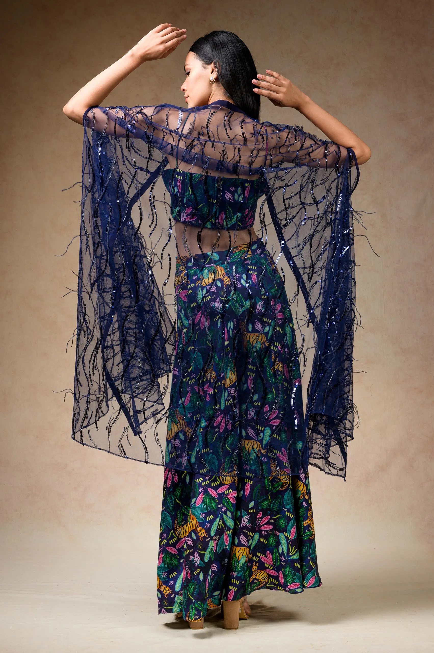 Bustier with sharara and feather cape