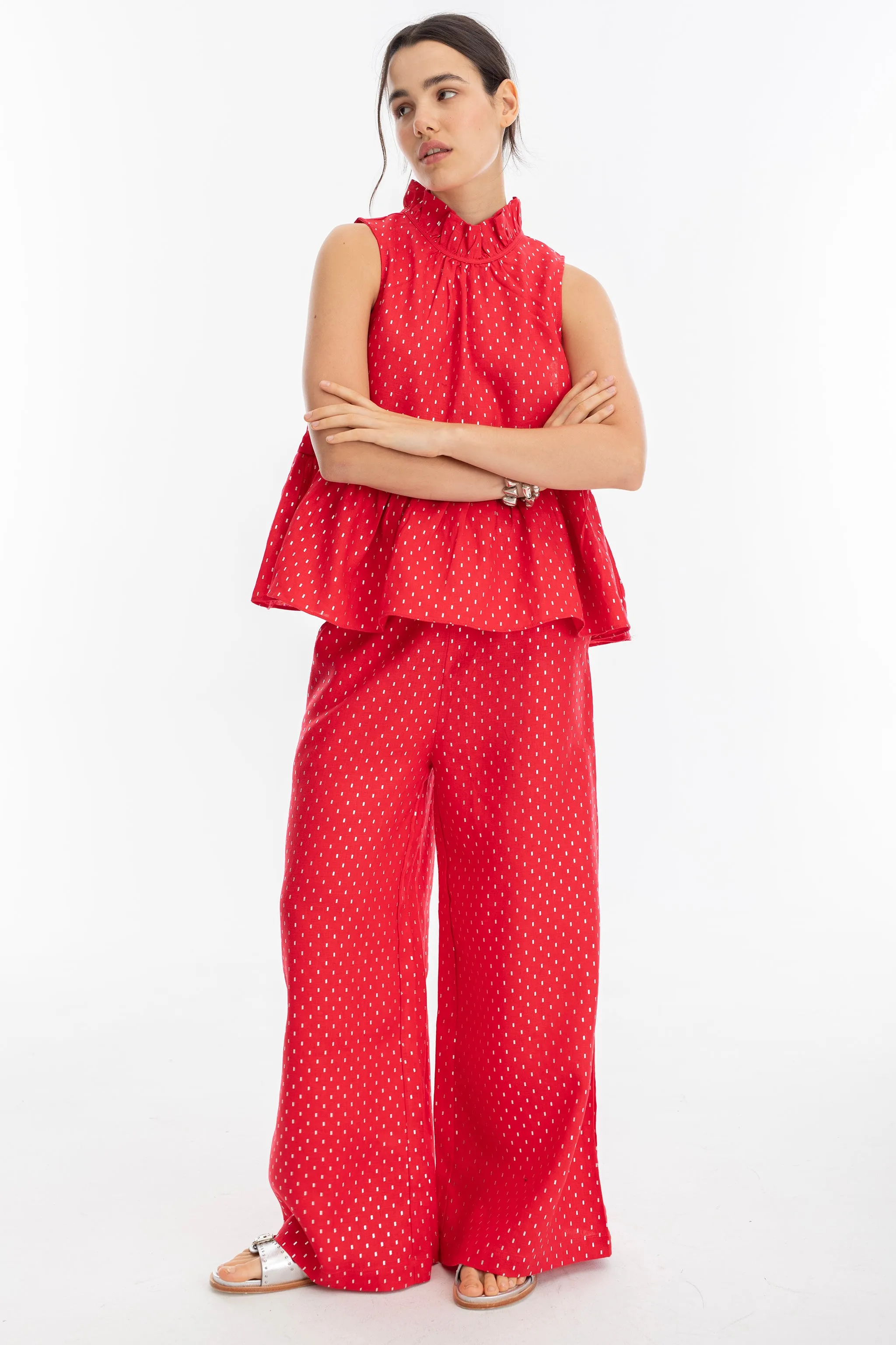 Cape Linen Pants - Red with Silver