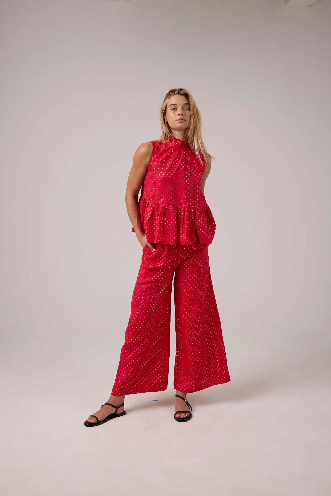 Cape Linen Pants - Red with Silver