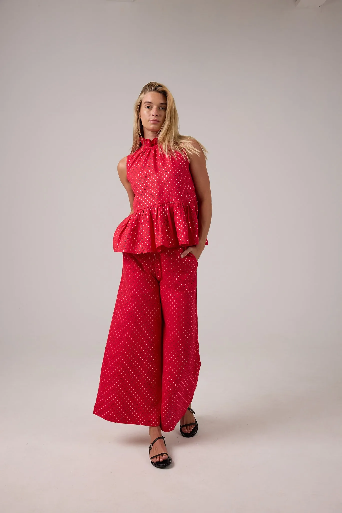 Cape Linen Pants - Red with Silver