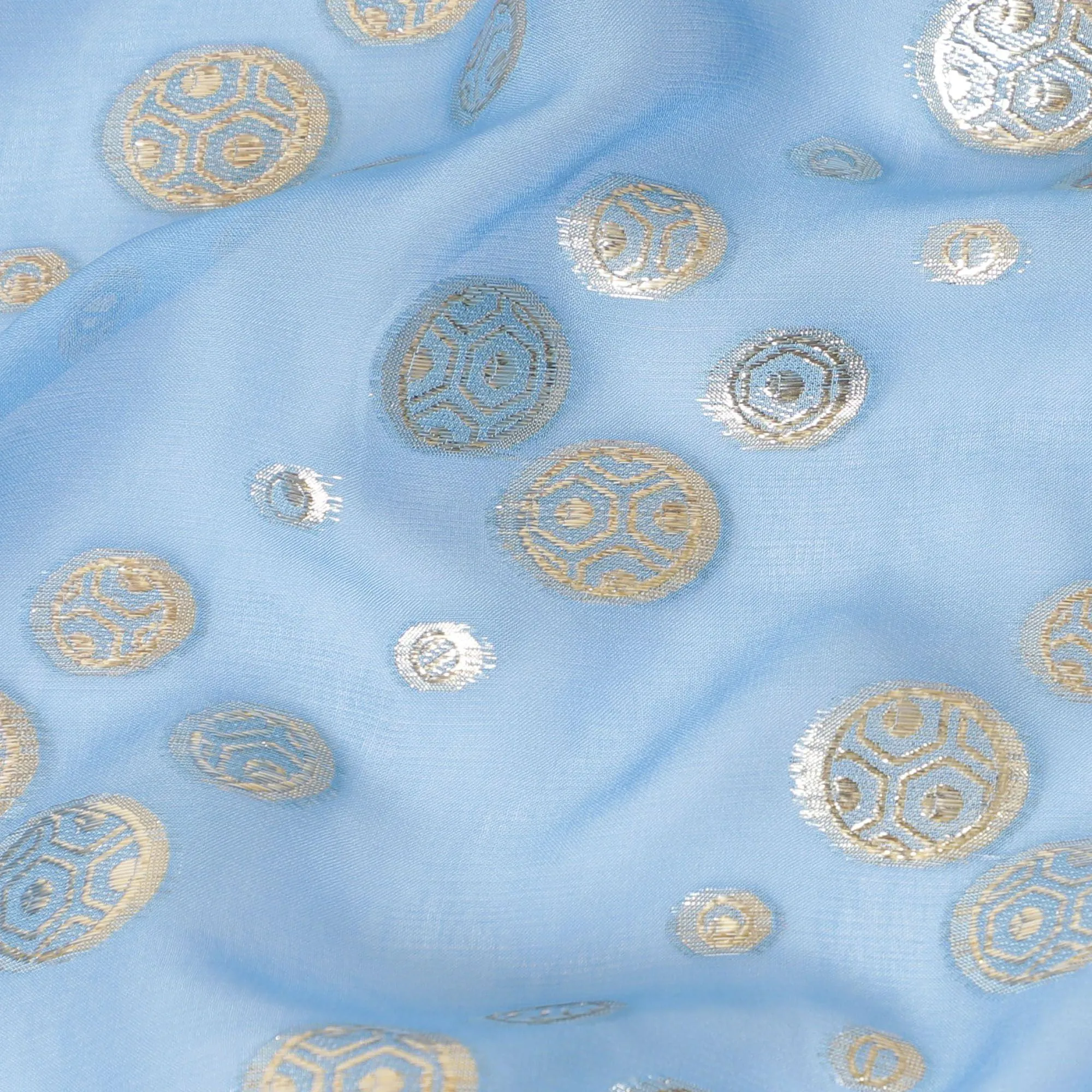 Carolina blue silk chiffon fabric with gold and silver metallic lurex in dot design-D7292