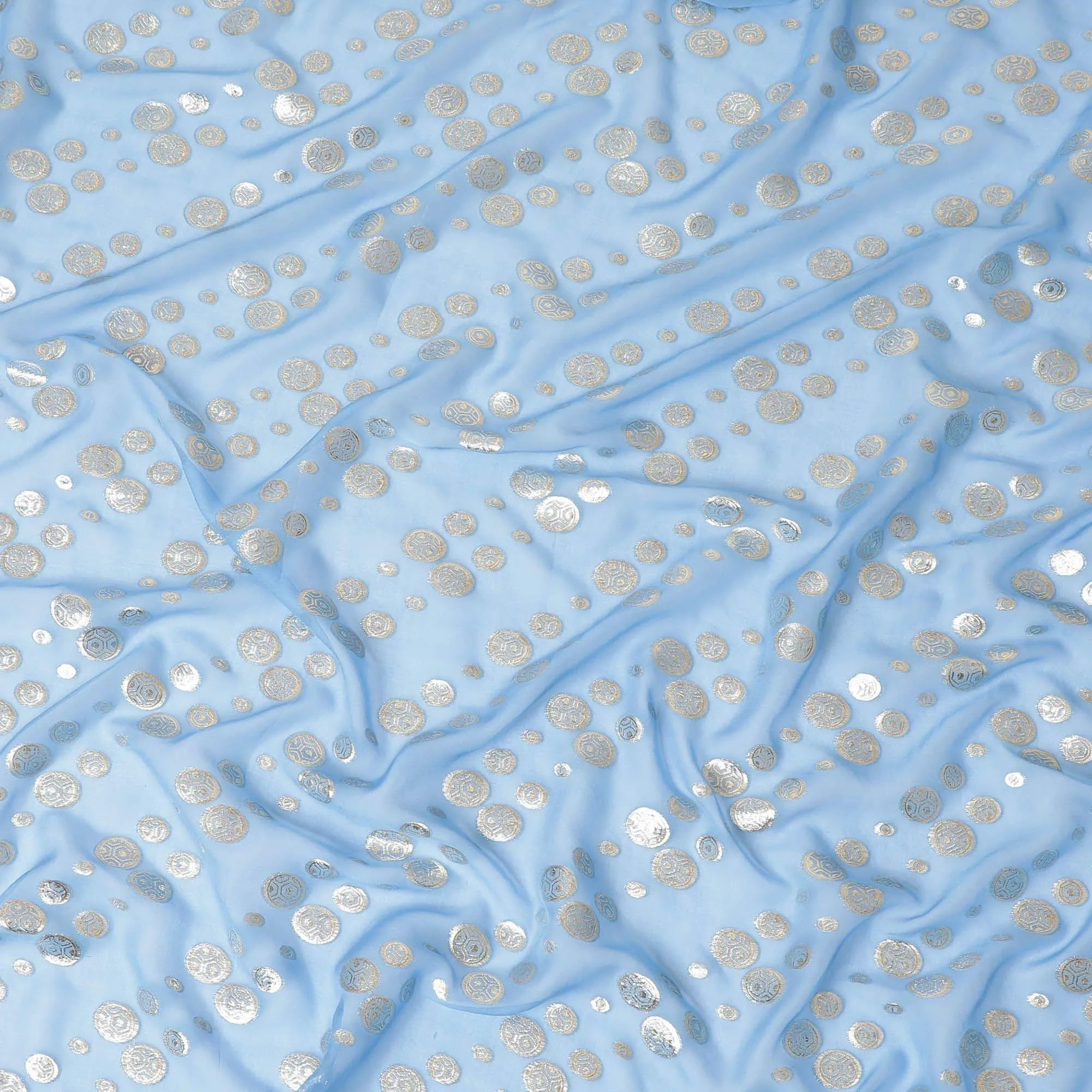 Carolina blue silk chiffon fabric with gold and silver metallic lurex in dot design-D7292