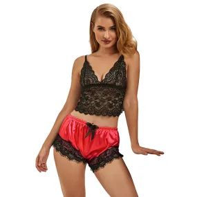 Casual Lace Silk Camisole Red Sleepwear Set