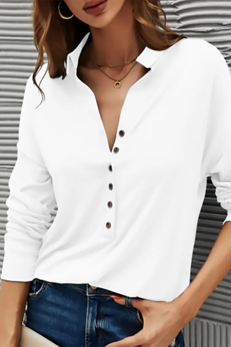 Casual Solid Buttons Solid Color Turndown Collar T-Shirts