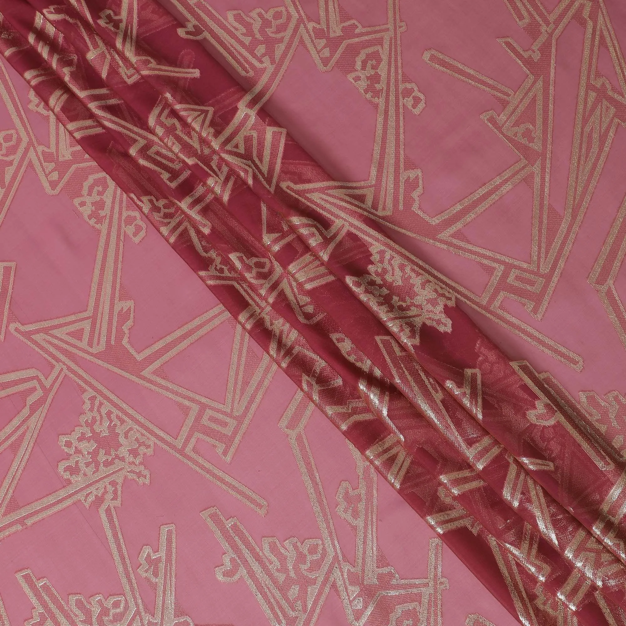 Cerise pink Premium pure silk chiffon fabric with gold metallic lurex in abstract design-D13843