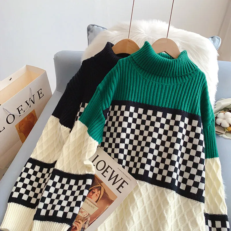 Checkerboard turtleneck sweater dress  5210