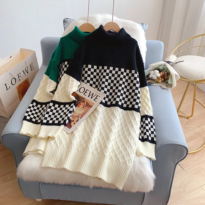 Checkerboard turtleneck sweater dress  5210