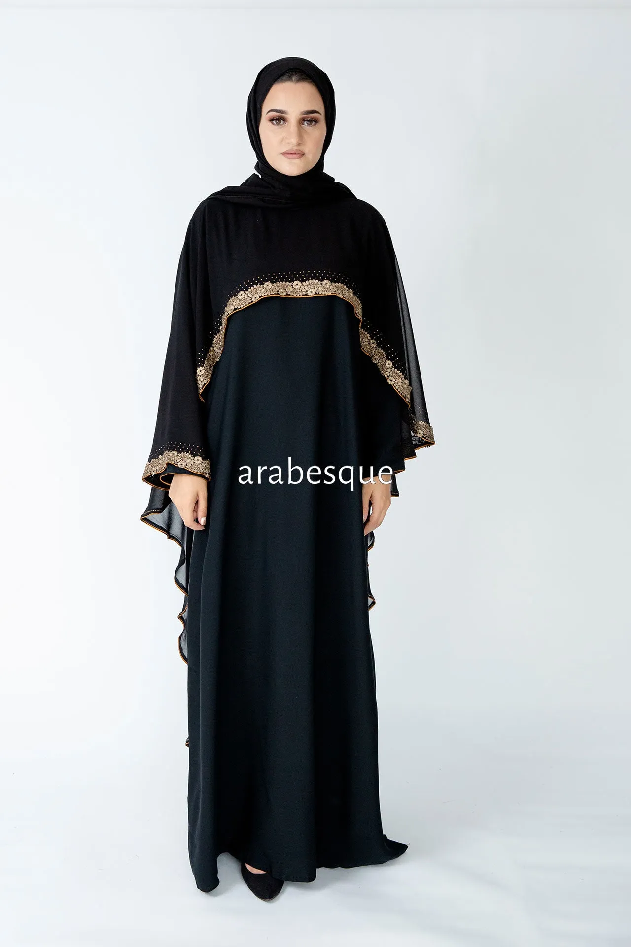 Chiffon Cape  Embellished Lace Closed Abaya - 2 Colous