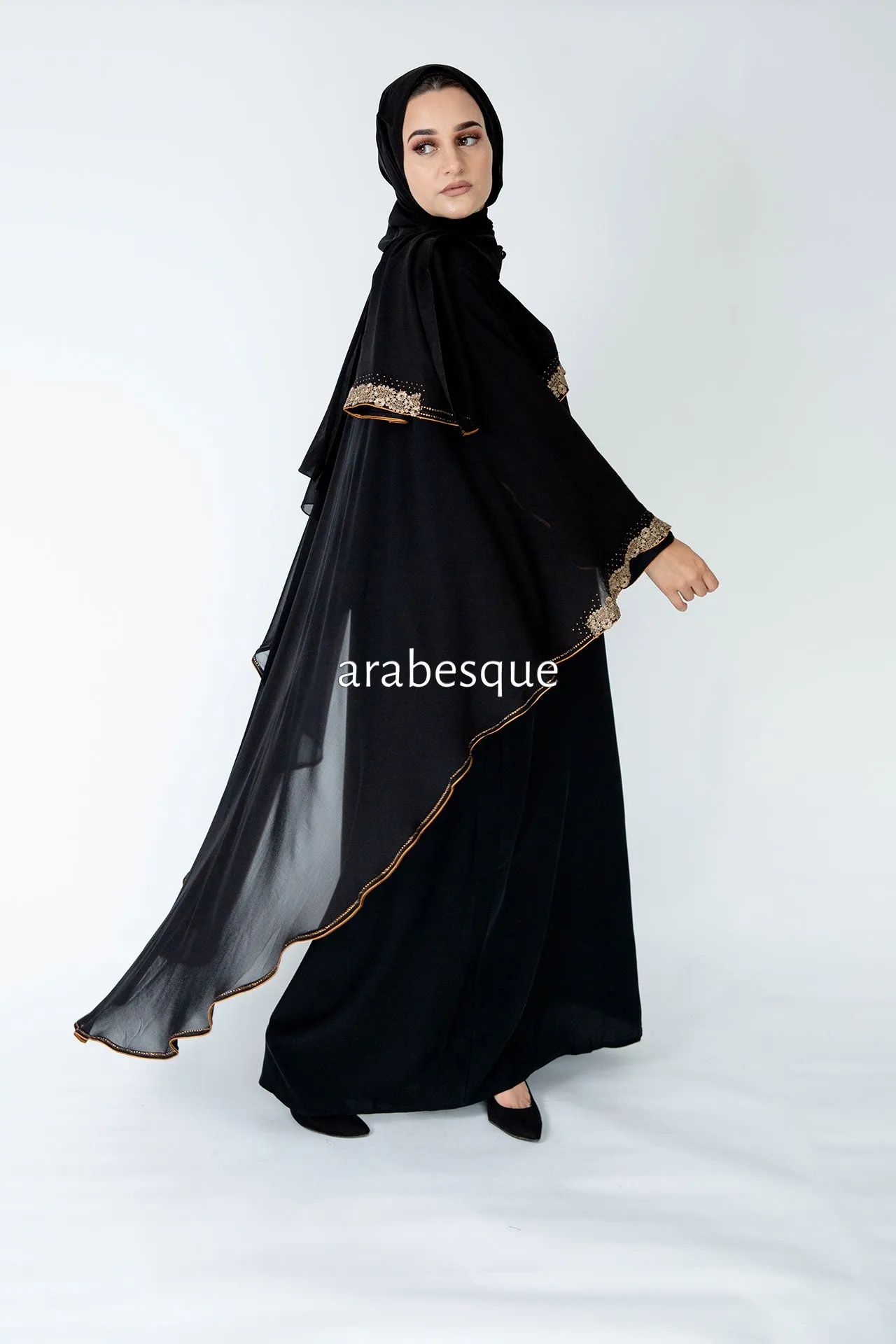 Chiffon Cape  Embellished Lace Closed Abaya - 2 Colous