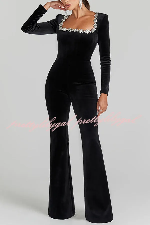 Classic Charm Velvet Jewel Embellished Trim Long Sleeve Flare Jumpsuit