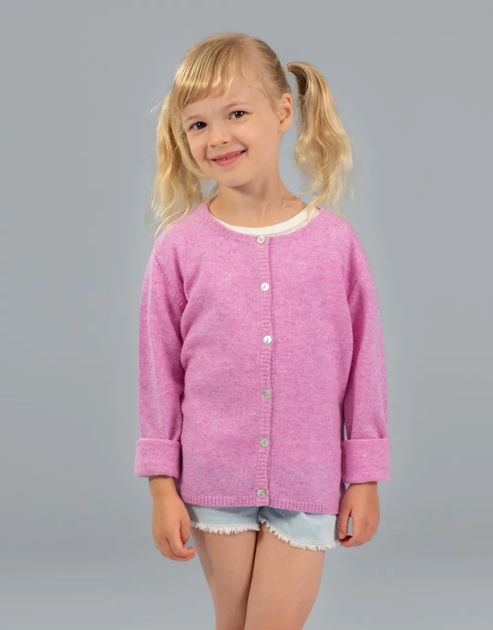 Classic Girls Crew Neck Cashmere Cardigan in Rosali