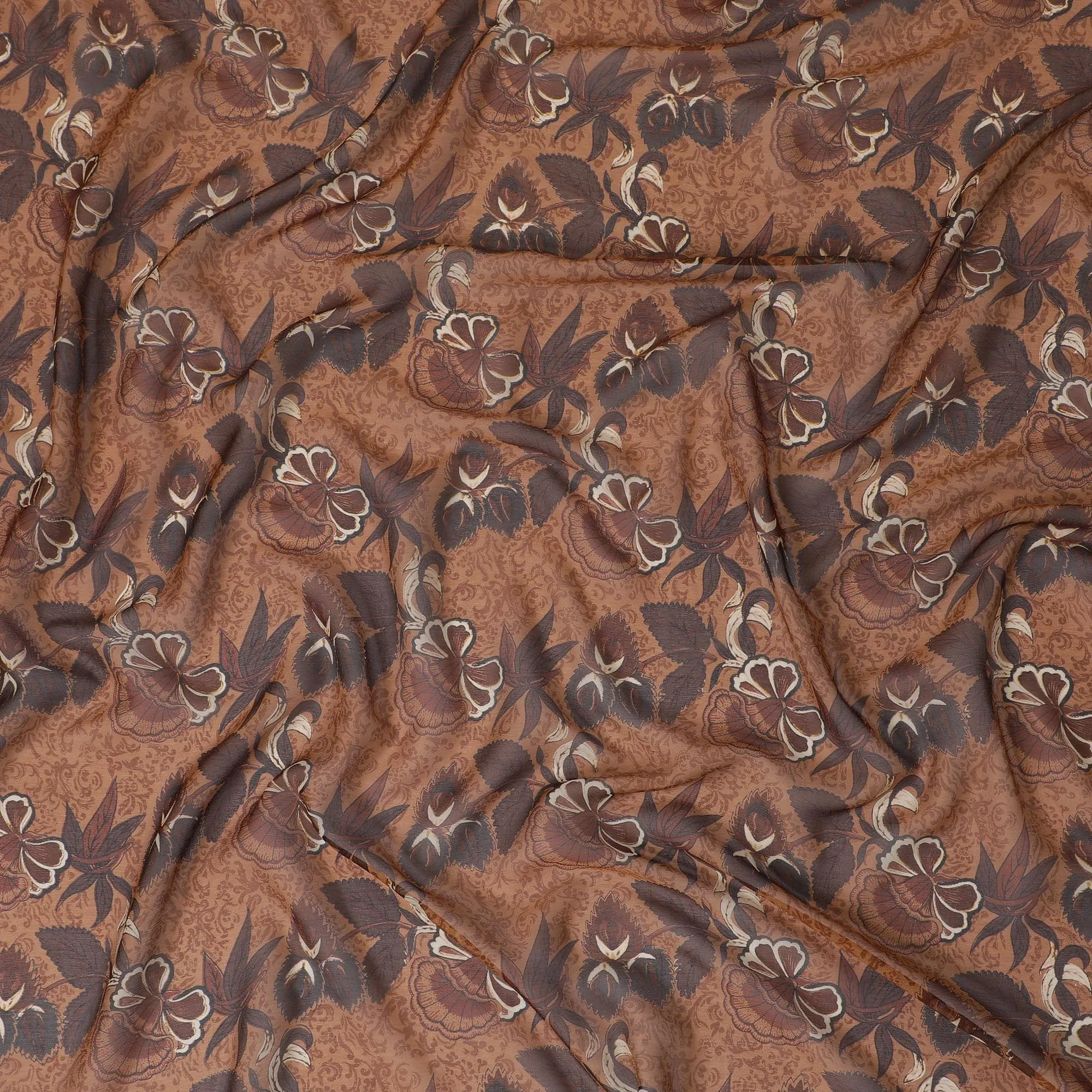 Coffee brown silk chiffon fabric with dark mocha brown print in floral design-D12919