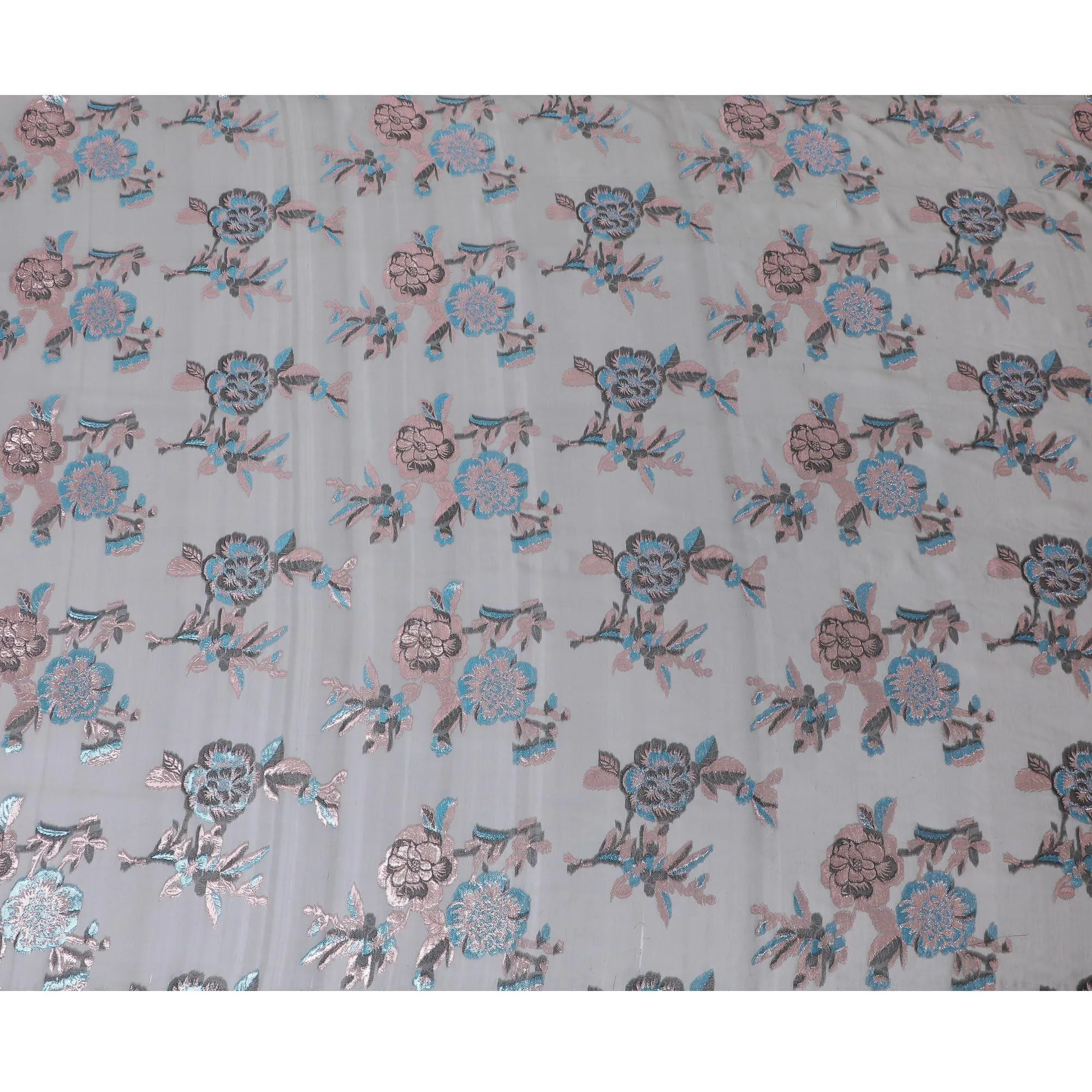 Coin grey premium pure silk chiffon fabric with copper and blue metallic lurex in floral design-D13728