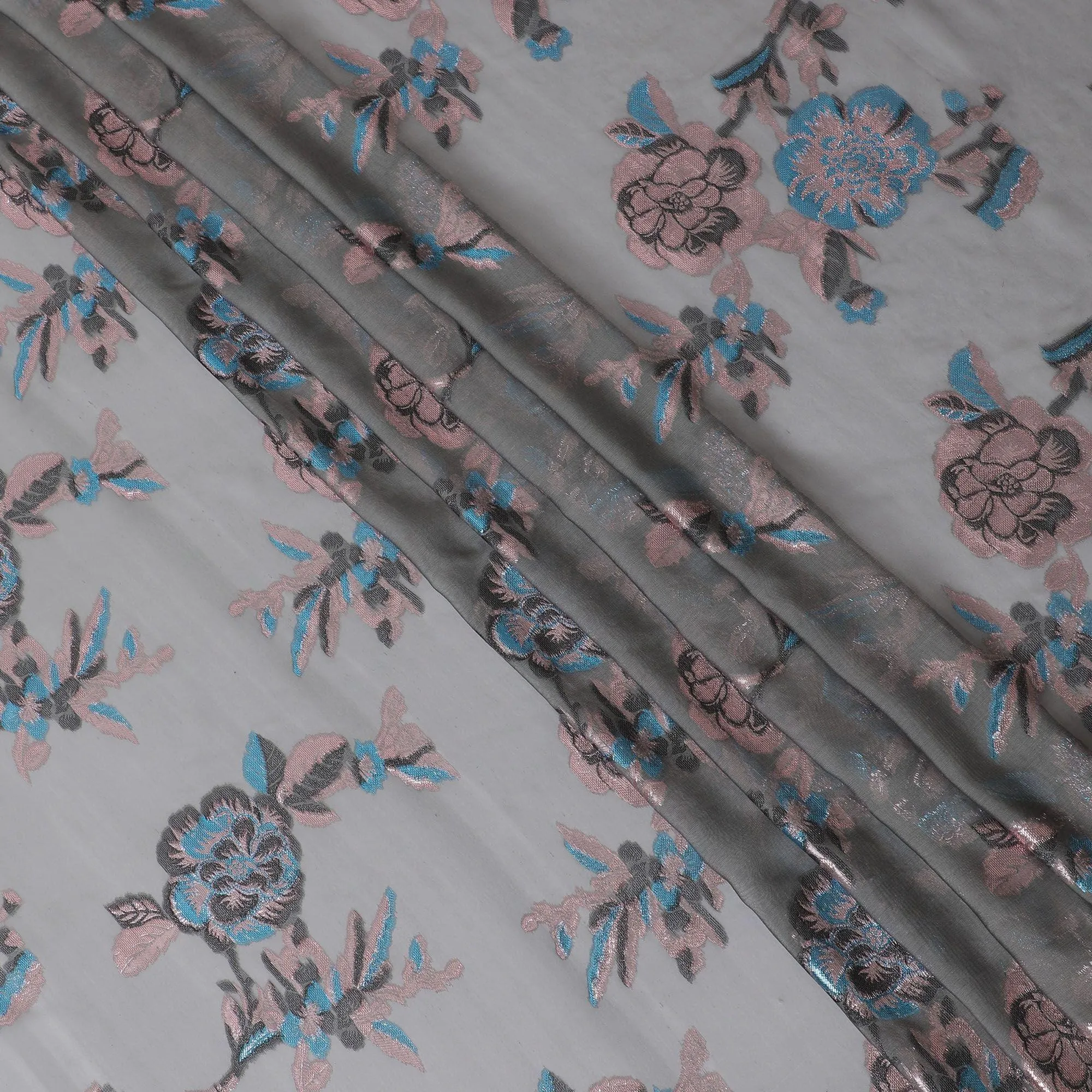 Coin grey premium pure silk chiffon fabric with copper and blue metallic lurex in floral design-D13728